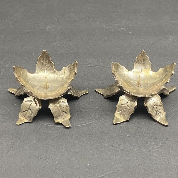 Vintage Silver Plate Brass Candlestick holders Leaf Poinsettia Set Of‎ 2 Floral - Picture 2 of 10
